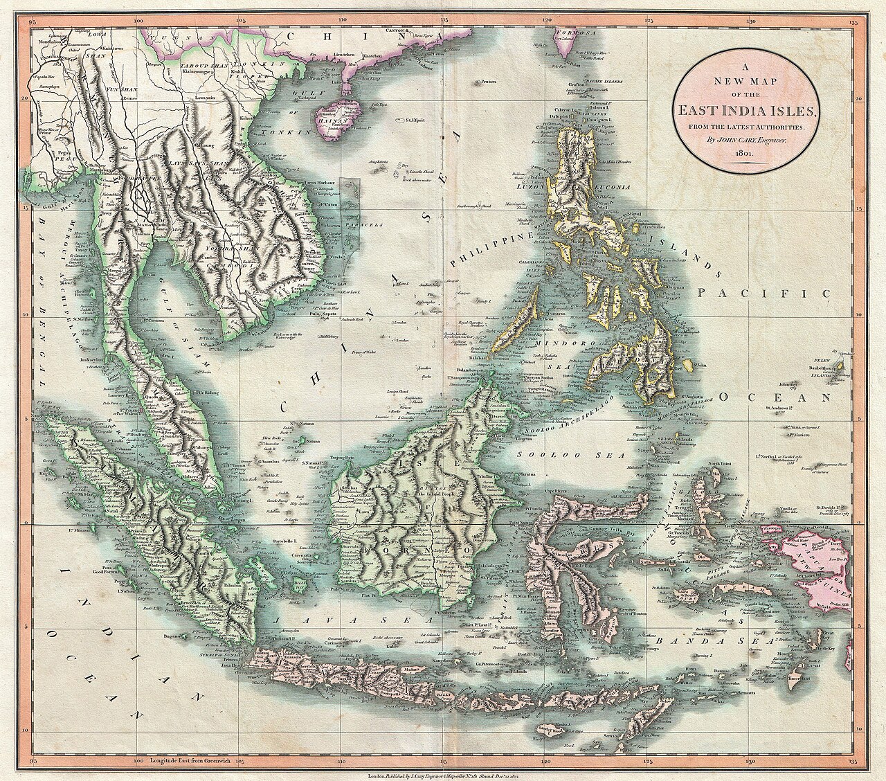แผนที่เอเชียตะวันออกเฉียงใต้โบราณ ปี พ.ศ. 2344 แสดงหมู่เกาะและแผ่นดินใหญ่